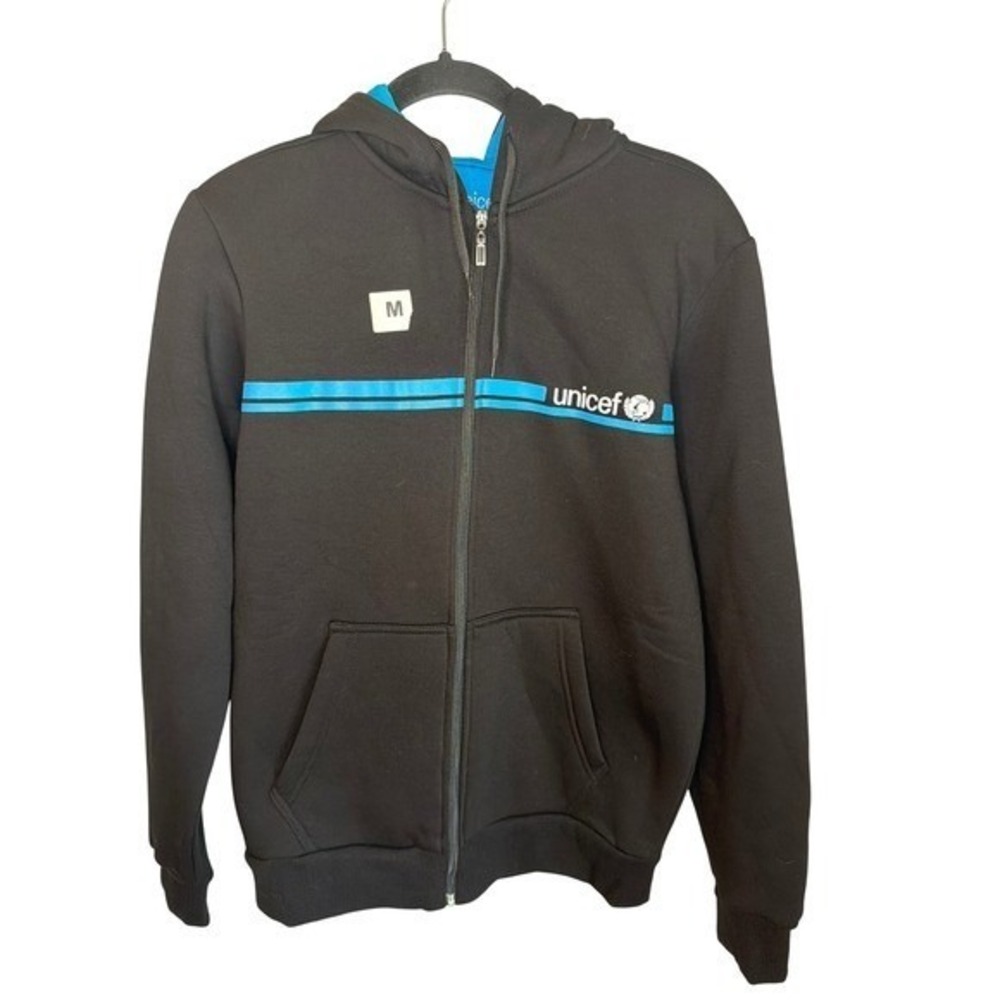 UNICEF Full Zip Hoodie Black Blue Stripe Logo Sweatshirt Mens Medium